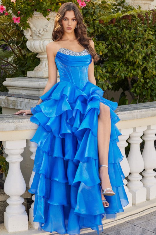 RUFFLE TIERED GOWN WITH SEQUIN CORSET
