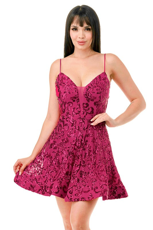 DEEP VNECK SEQUIN FIT AND FLARE DRESS