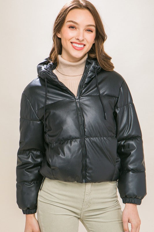 Black Faux Leather Zipper Hooded Puffer Jacket