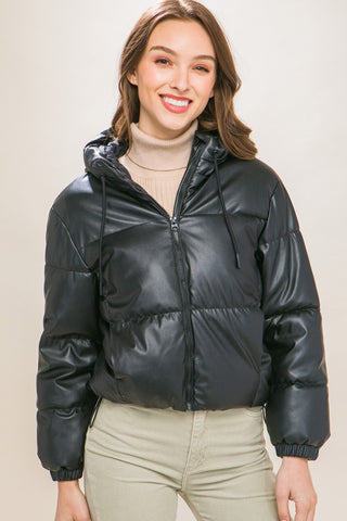 Copy of PU Black Faux Leather Zipper Hooded Puffer Jacket