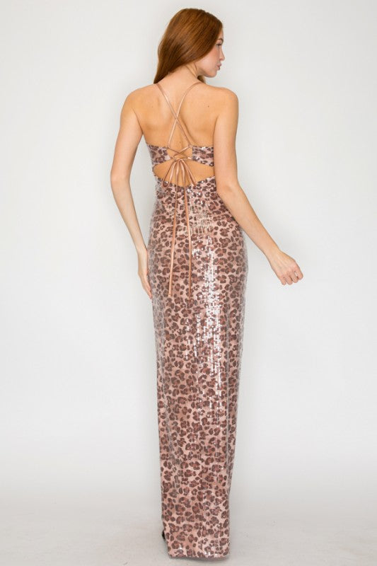 ANIMAL PRINT SEQUIN MAXI DRESS