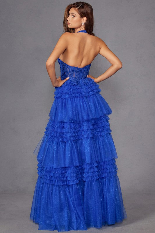EMBELLISHED TULLE TIERED GOWN