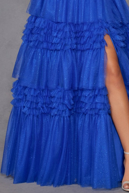 EMBELLISHED TULLE TIERED GOWN