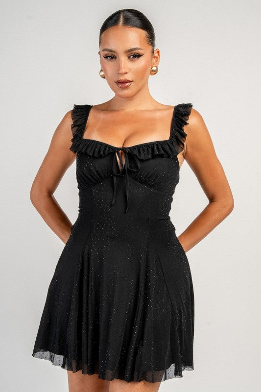 RHINESTONE MESH WITH RUFFLE MINI DRESS