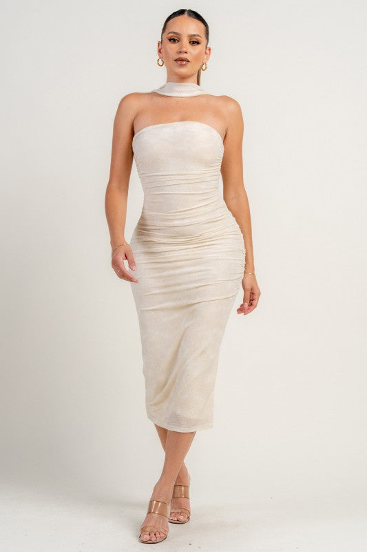 METALLIC NET  MESH MOCK NECK TUBE RUCHING MIDI DRESS