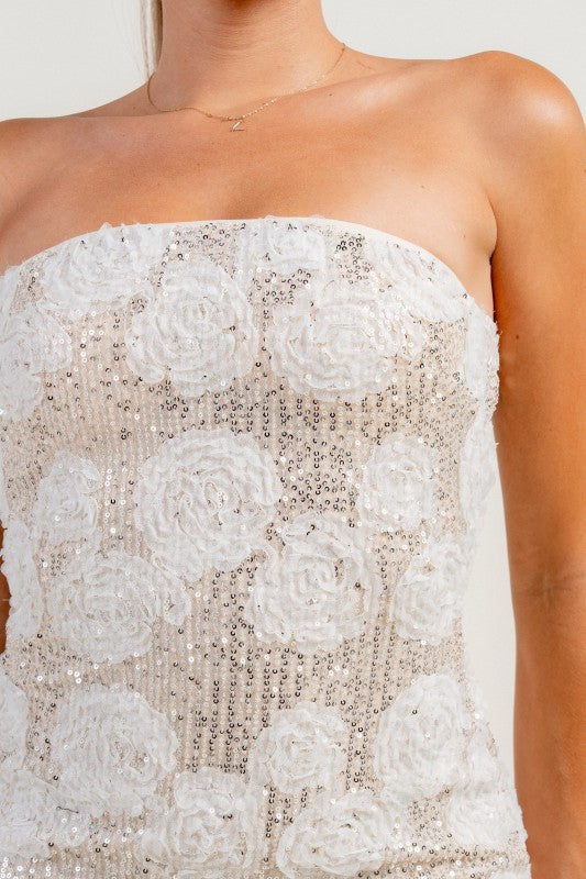 ROSE APPLIQUE SEQUINS W/ SOFT ORGANZA TIE-BACK MINI DRESS