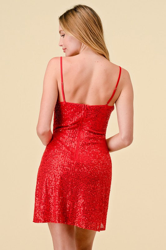SEQUINS COWL NECK SLEEVELESS BODYCON MINI DRESS