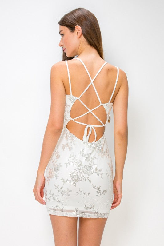 FLORAL SEQUIN MINI DRESS WITH OPEN BACK