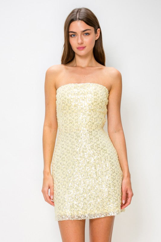 STRAPLESS BEADED TULLE BOW BACK