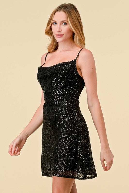 SEQUINS COWL NECK SLEEVELESS MINI DRESS