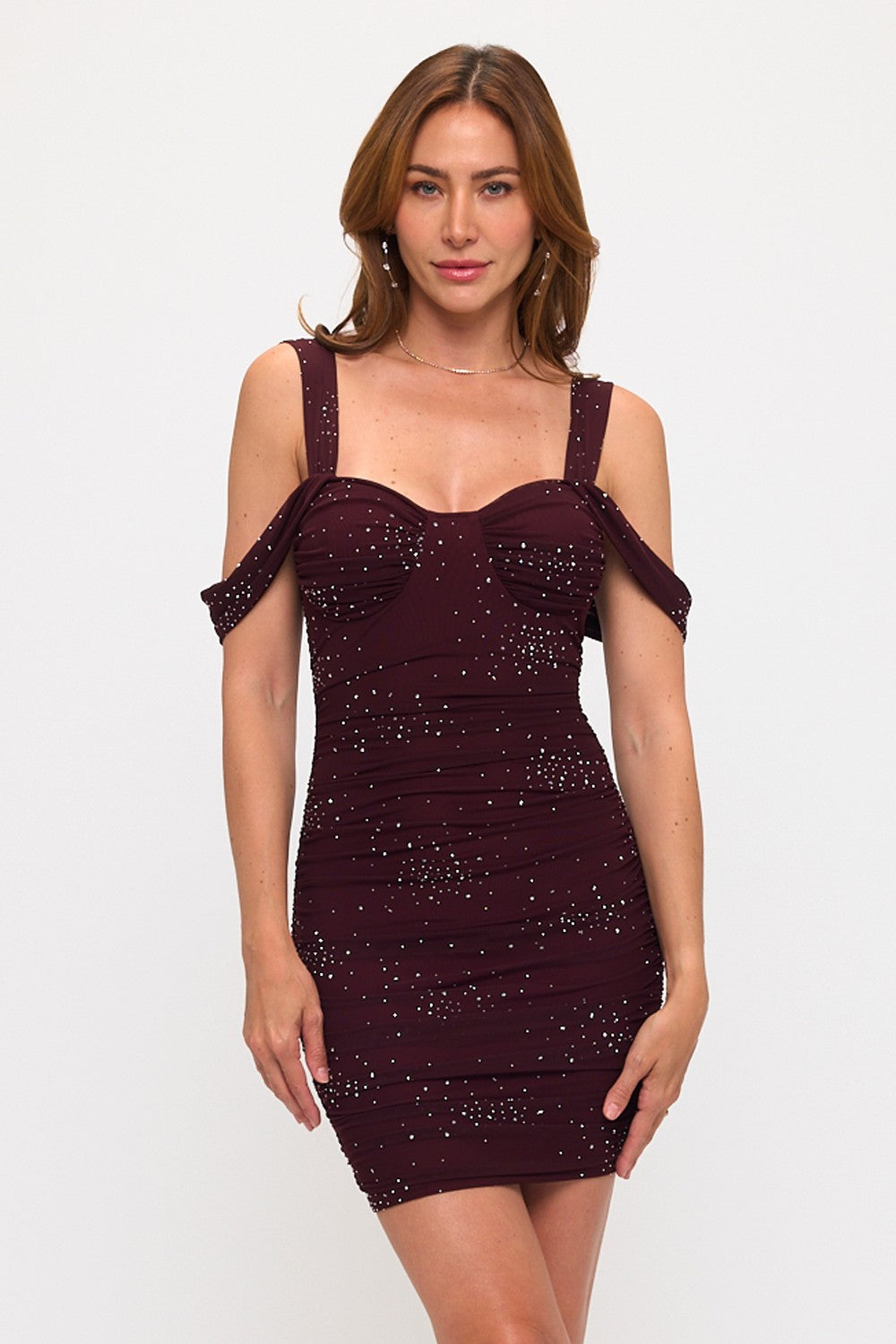 EMBELLISHED RUCHED OFF SHOULDER MINI DRESS