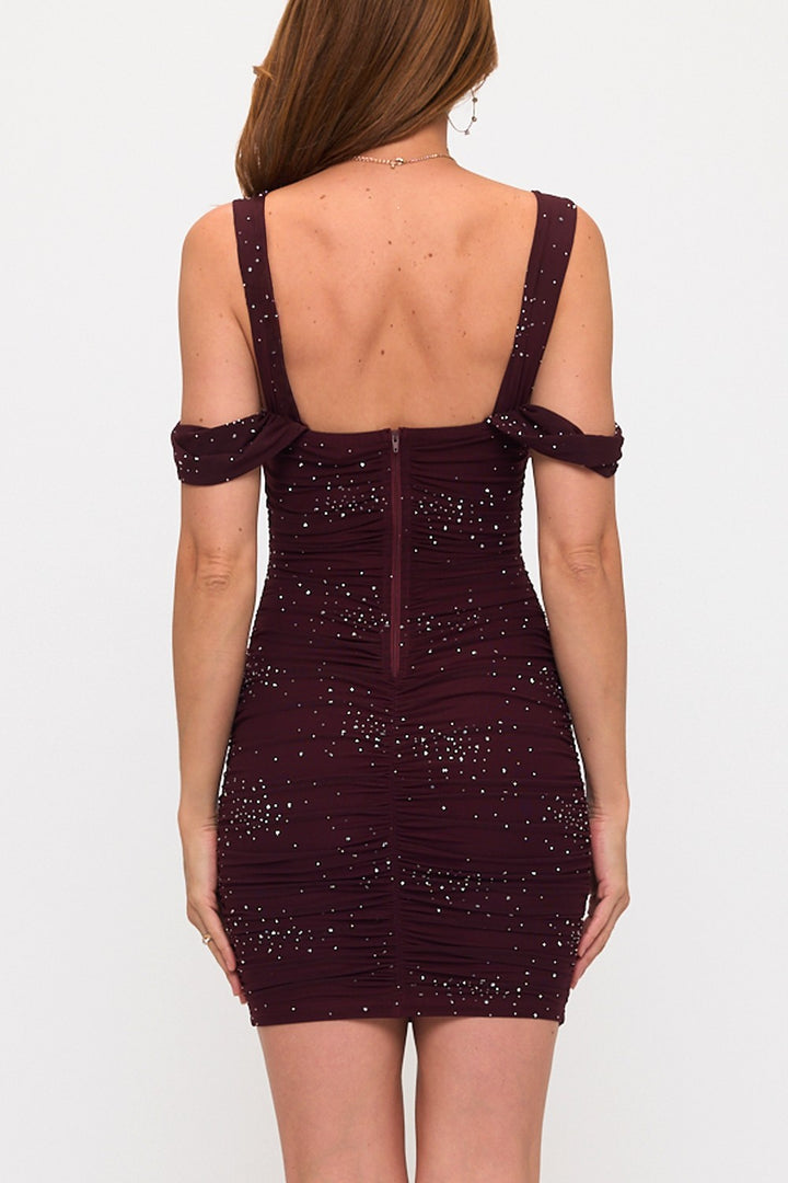 EMBELLISHED RUCHED OFF SHOULDER MINI DRESS