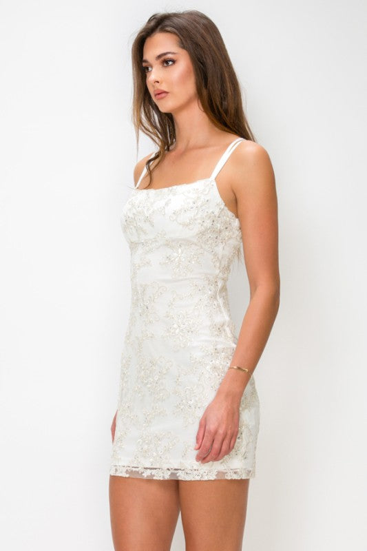 EMBROIDERED SEQUIN LACE BACK MINI DRESS