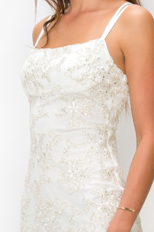 EMBROIDERED SEQUIN LACE BACK MINI DRESS