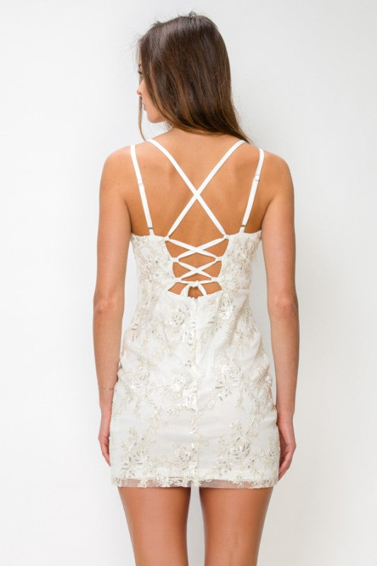 EMBROIDERED SEQUIN LACE BACK MINI DRESS
