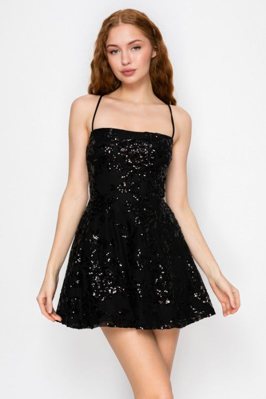 FLORAL SEQUIN FIT AND FLARE DRESS