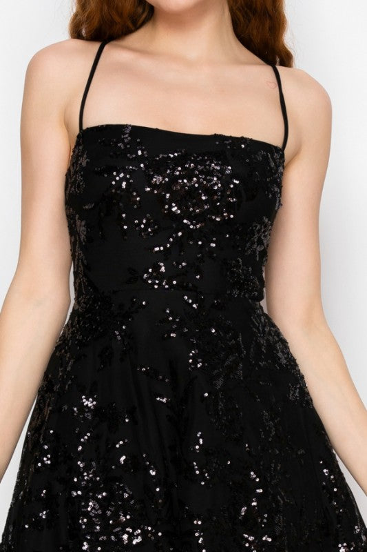 FLORAL SEQUIN FIT AND FLARE DRESS