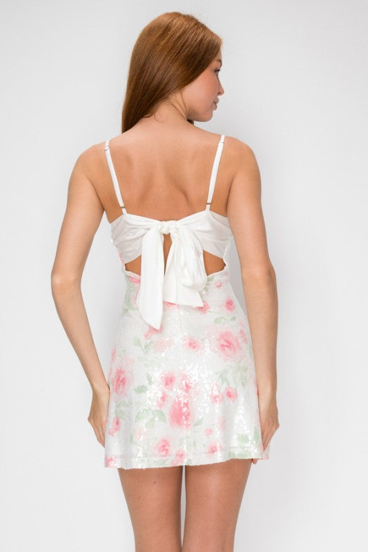FLORAL SEQUIN DRESS WITH BOW TIE BACK