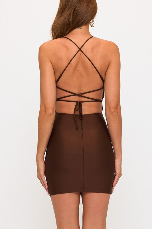 PLEATED LACE UP BACK BODYCON MINI DRESS