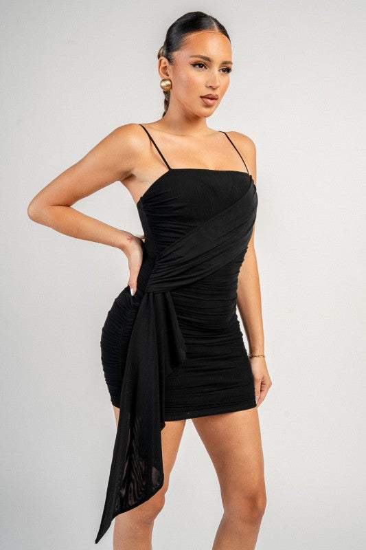 LUXE MESH CROSS BODY DRAP RUCHED SLEEVELESS BODYCON MINI DRESS