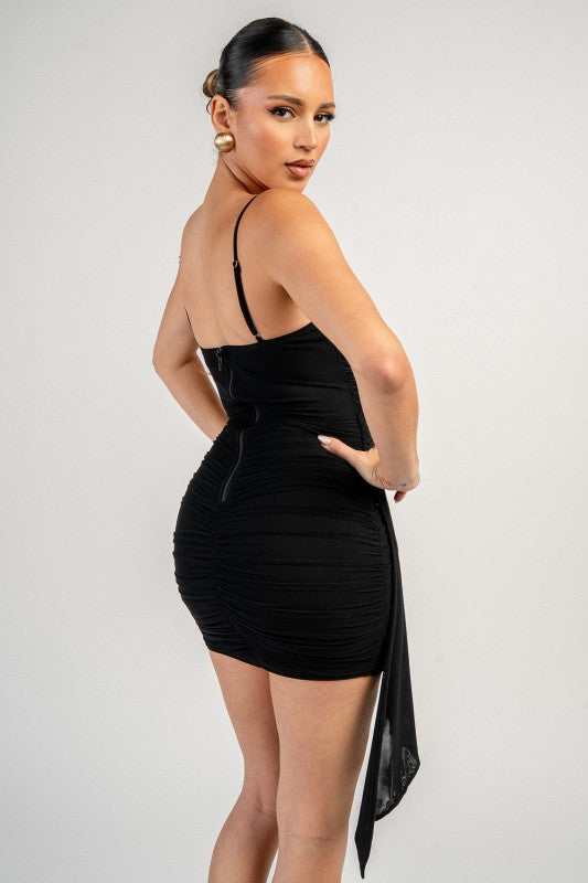 LUXE MESH CROSS BODY DRAP RUCHED SLEEVELESS BODYCON MINI DRESS