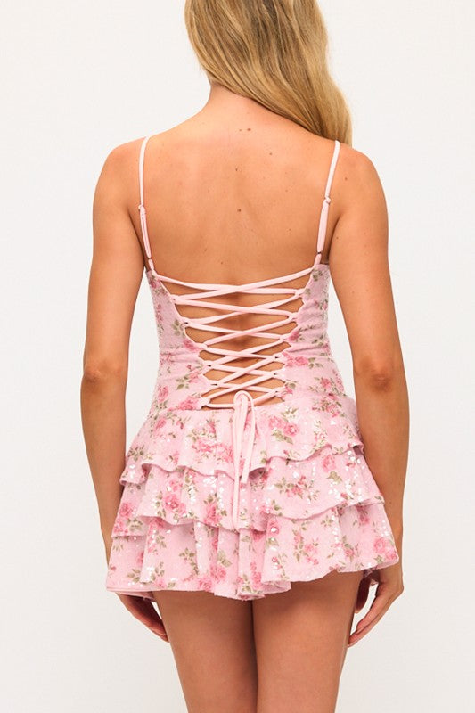SEQUIN FLORAL RUFFLE MINI DRESS