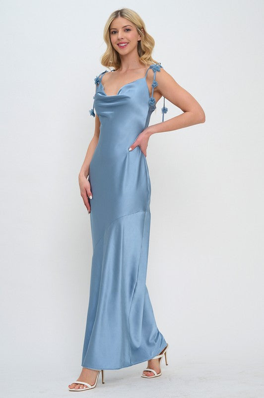 FLOWER STRAP COWL NECK MERMAID MAXI DRESS