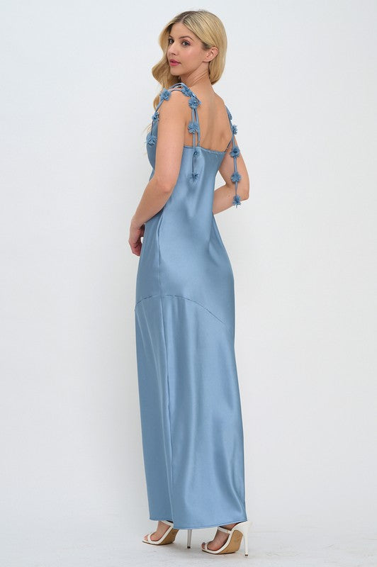 FLOWER STRAP COWL NECK MERMAID MAXI DRESS