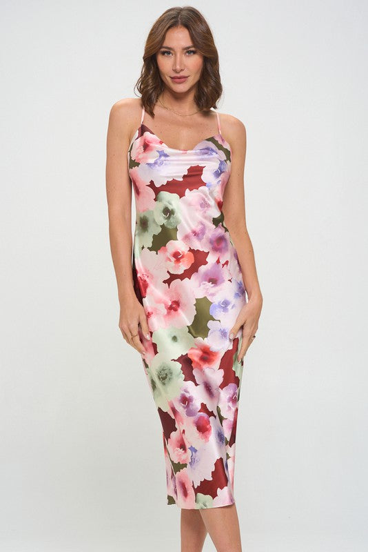 MALLORY FLORAL COWL NECK SLIP MIDI DRESS