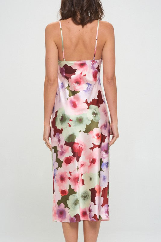 MALLORY FLORAL COWL NECK SLIP MIDI DRESS