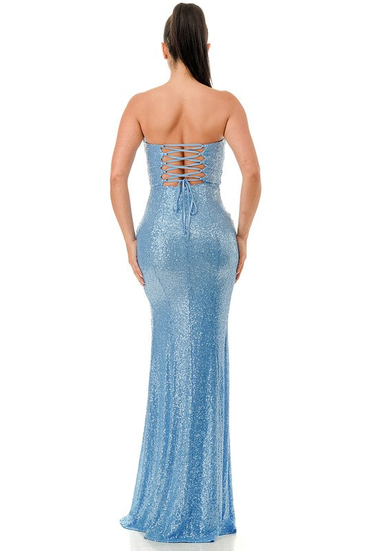 SOLID SEQUIN STRAPLESS BODYCON MAXI DRESS