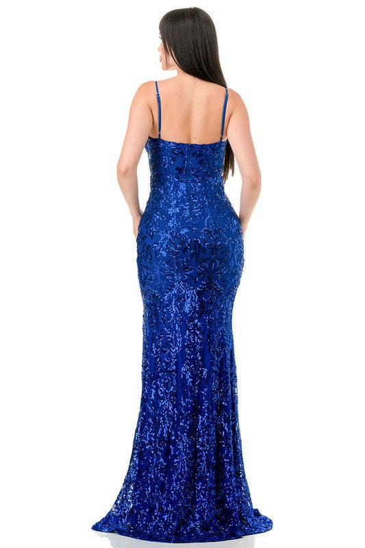 TAYLOR SEQUIN DESIGN THIGH SLIT MAXI DRESS