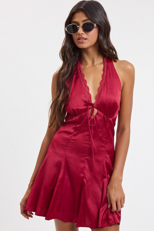 SATIN TIE FRONT LACE TRIM MINI DRESS