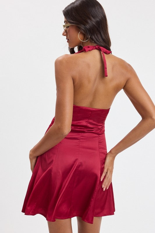 SATIN TIE FRONT LACE TRIM MINI DRESS