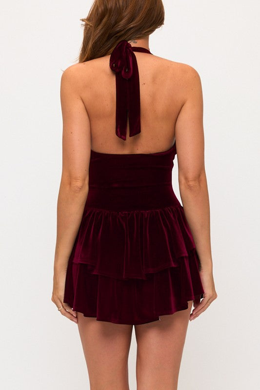 VELVET HALTER SKATER MINI DRESS