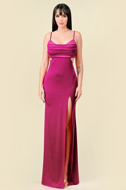 SATIN COWL NECK SLIP ON MERMAID MAXI DRESS