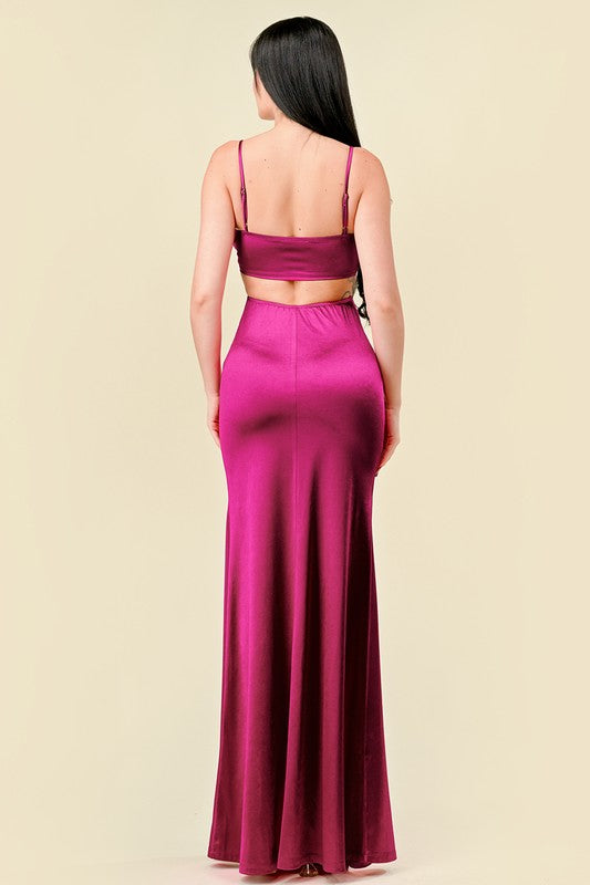 SATIN COWL NECK SLIP ON MERMAID MAXI DRESS