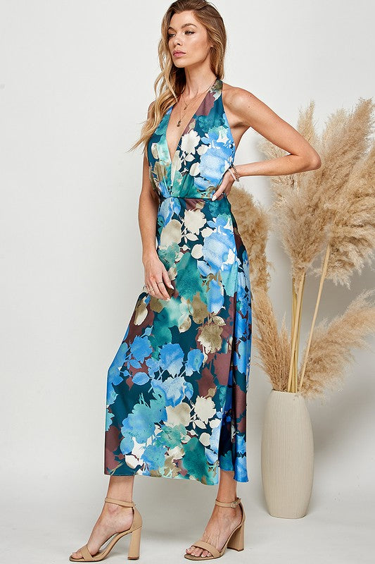 BOTANICAL SATIN HALTER DRESS