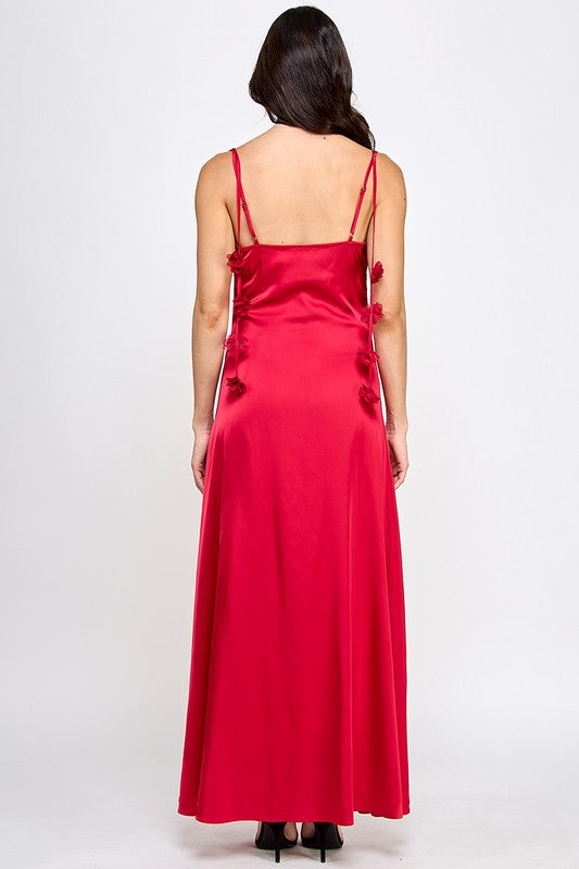 SATIN FLORAL STRAP MAXI DRESS