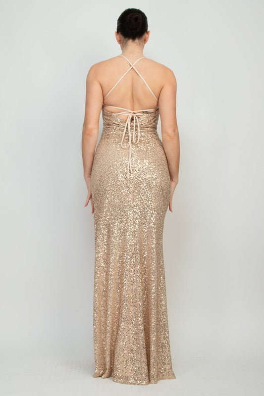 SEQUIN WRAP RUCHED MAXI DRESS WITH SLIT