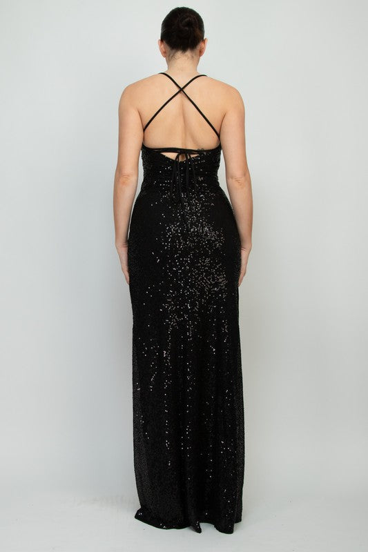BLACK SEQUIN WRAP RUCHED MAXI DRESS WITH SLIT