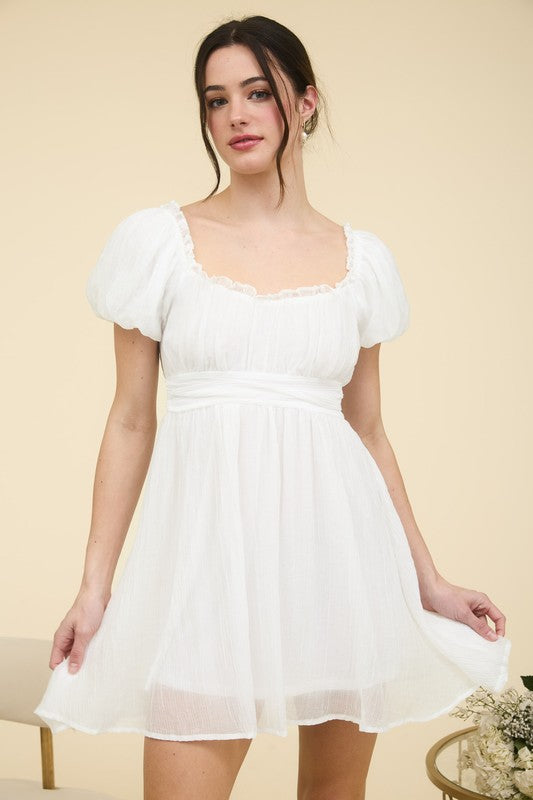 BALLOON SLEEVE RUFFLE TRIM BACK LACE UP MINI DRESS