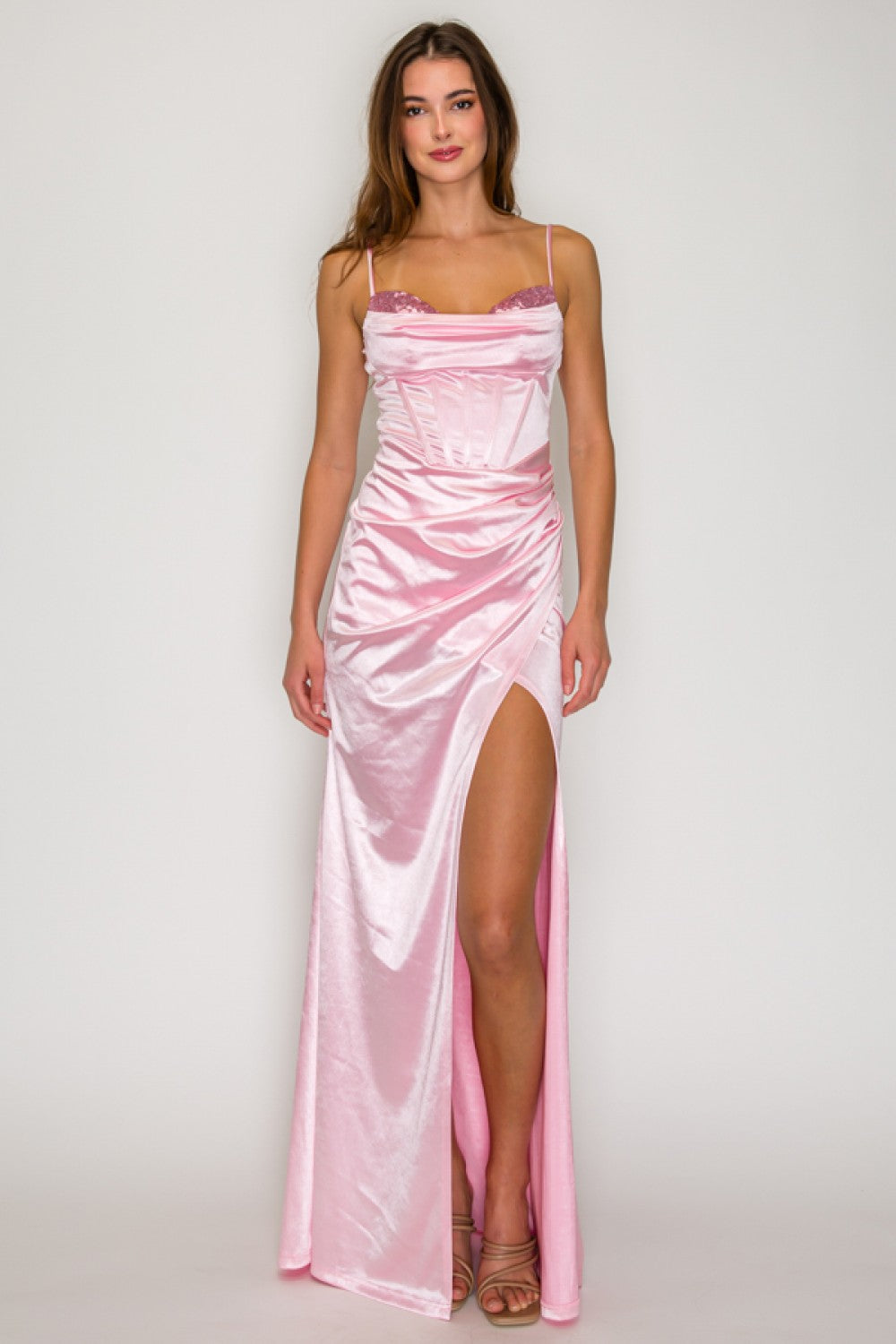 SEQUIN RUCHED COWL SATIN MAXI