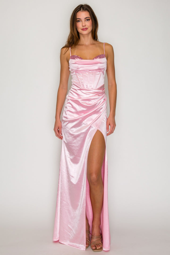 SEQUIN RUCHED COWL SATIN MAXI