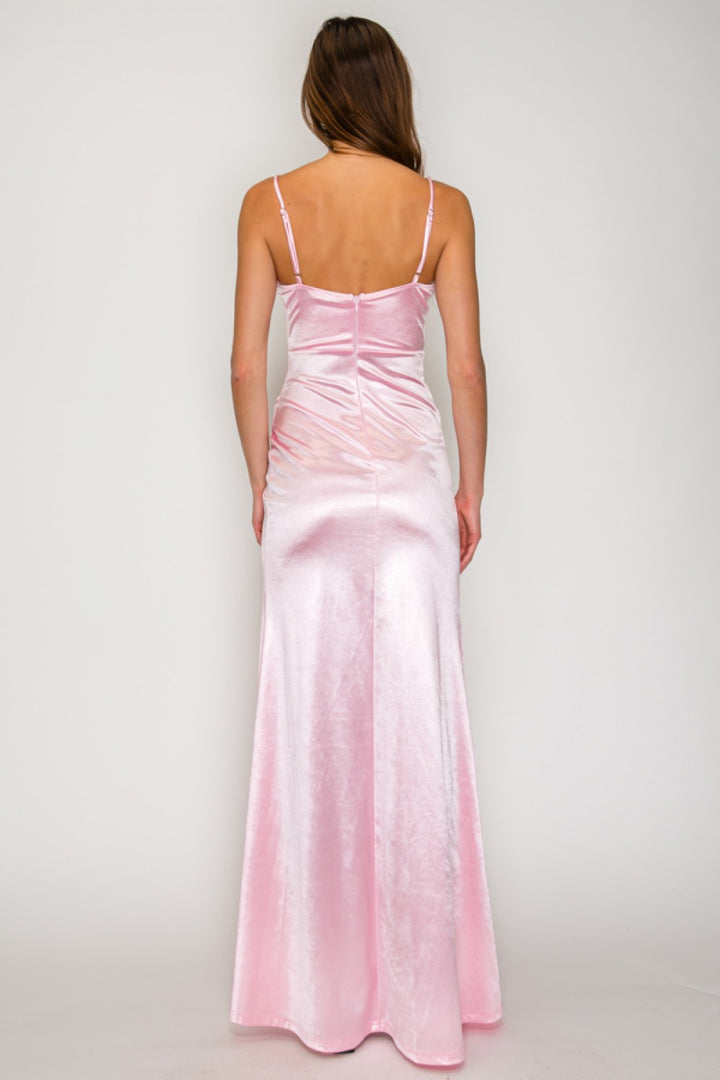 SEQUIN RUCHED COWL SATIN MAXI