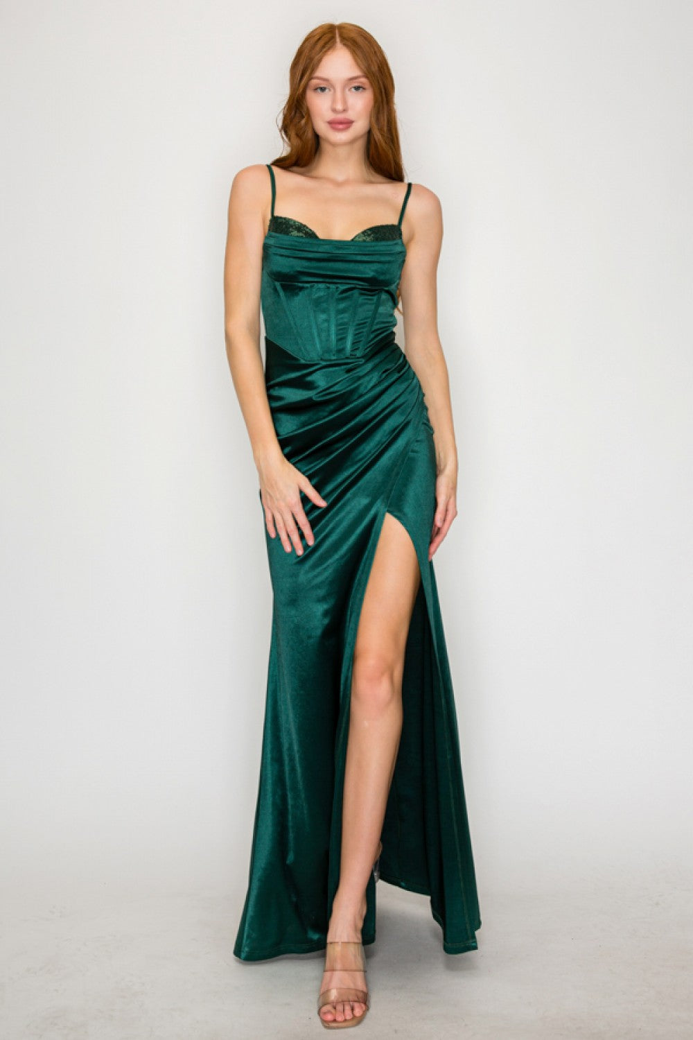 SEQUIN RUCHED COWL SATIN MAXI