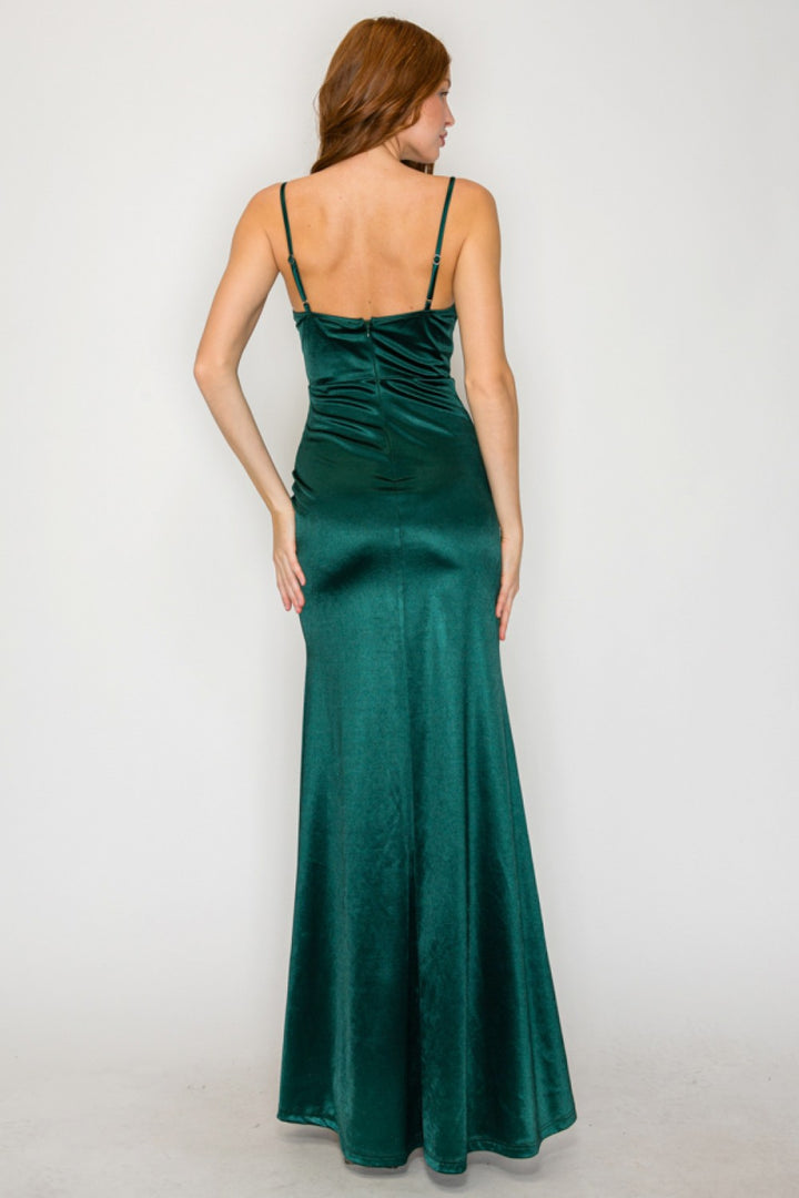 SEQUIN RUCHED COWL SATIN MAXI