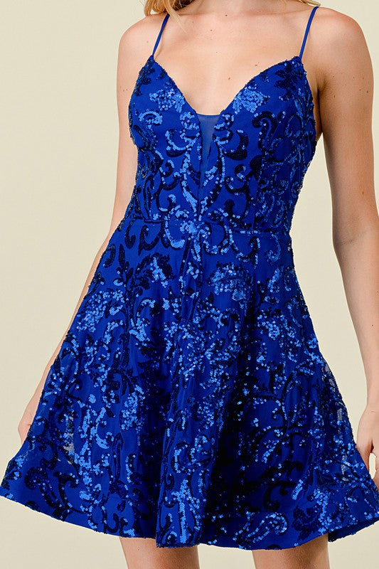 SEQUIN PLUNGING V-NECK FIT AND FLARE MINI DRESS