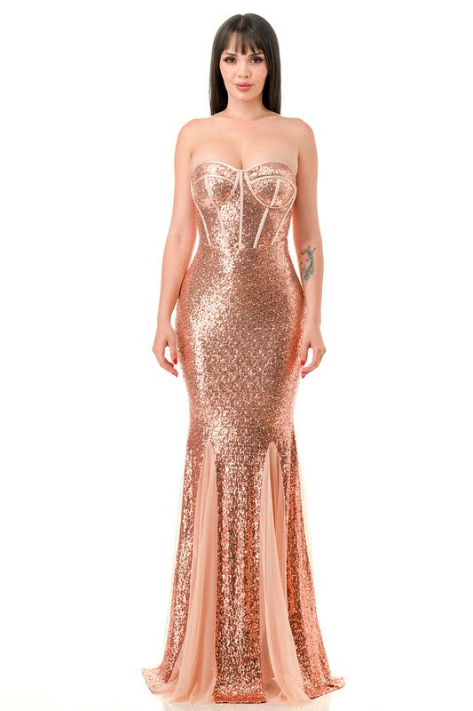 STRAPLESS CORSET SEQUIN MAXI DRESS