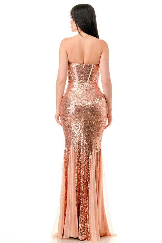 STRAPLESS CORSET SEQUIN MAXI DRESS